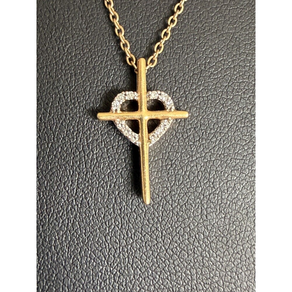 Gold plated 925 Sterling Silver Cubic Zirconia Heart Cross Pendant 18" Necklace